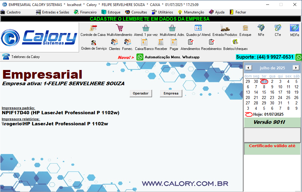 Print da tela inicial do sistema Calory